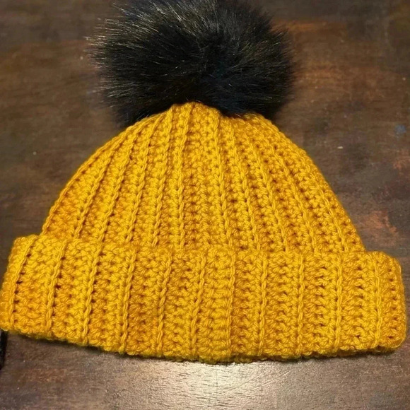 Chunky Oversized Cuffed Fall Winter Beanie Faux Fur‎ PomPom - Mushroom Mustard - Picture 2 of 3